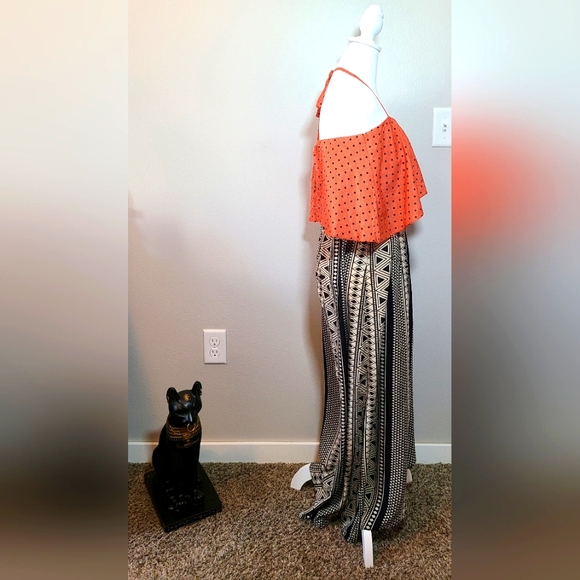 Under Skies Halter Style Silky Asymmetrical Hem Dress Size Large Orange & Black - Picture 3 of 8